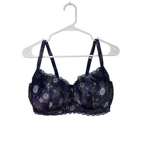 Adore Me Navy Blue Floral Rose Lace Trim Full Coverage Underwire Bra 38DDD